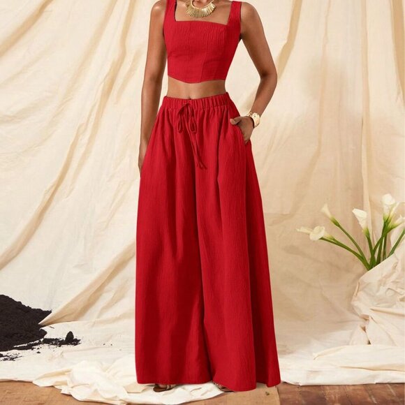 Red womens crop top & flowy wide legged pants textured fabric coord set - Picture 8 of 8